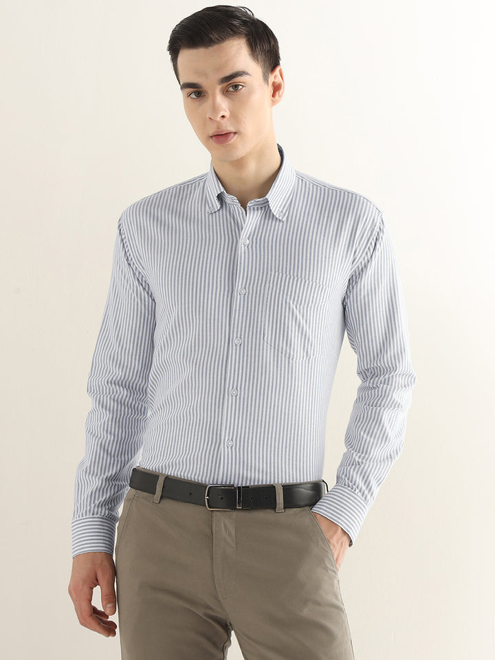 Hancock Men White & Grey Striped Pure Cotton Slim Fit Formal Shirt