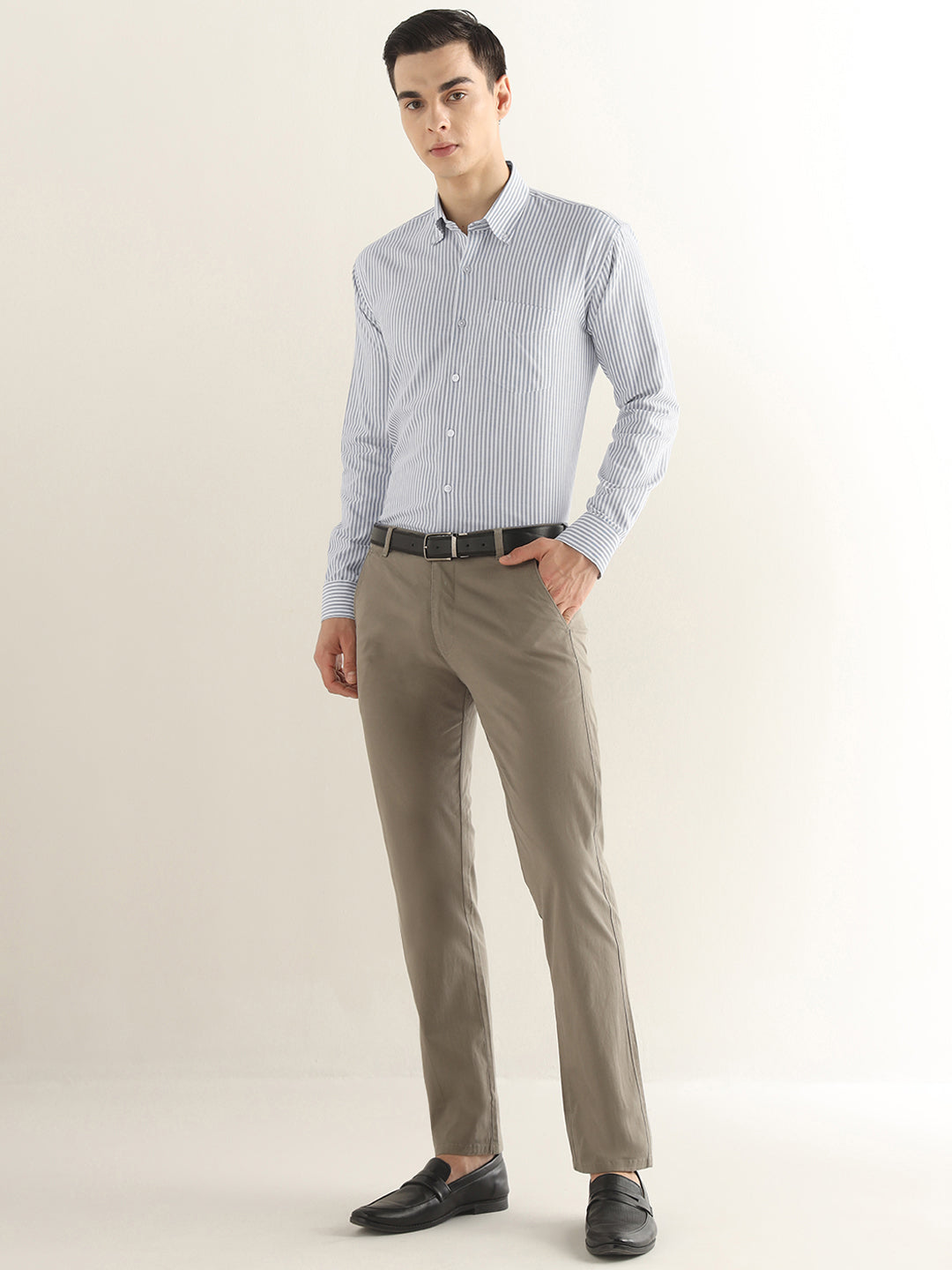 Hancock Men White & Grey Striped Pure Cotton Slim Fit Formal Shirt