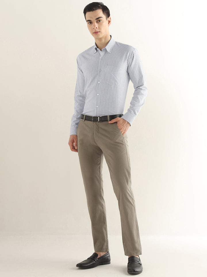 Hancock Men White & Grey Striped Pure Cotton Slim Fit Formal Shirt
