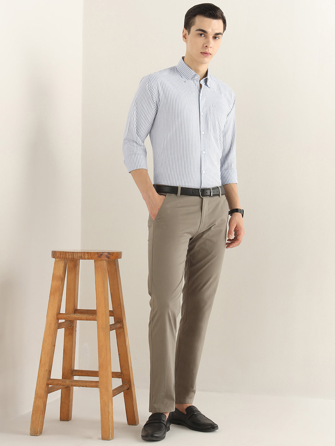 Hancock Men White & Grey Striped Pure Cotton Slim Fit Formal Shirt