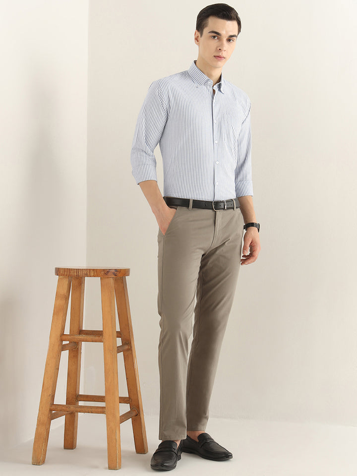 Hancock Men White & Grey Striped Pure Cotton Slim Fit Formal Shirt