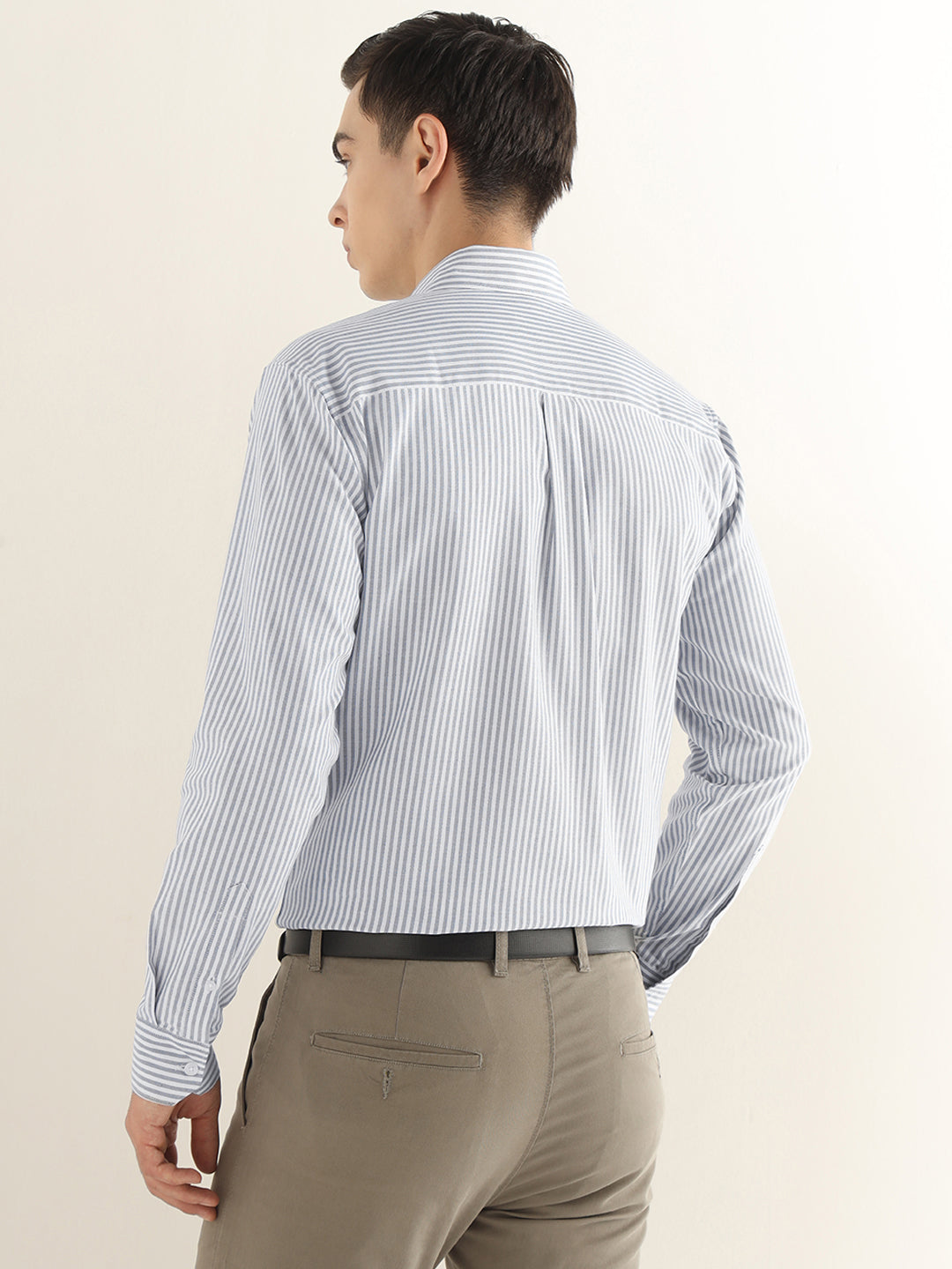 Hancock Men White & Grey Striped Pure Cotton Slim Fit Formal Shirt