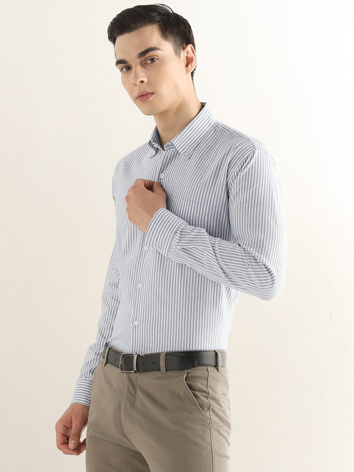 Hancock Men White & Grey Striped Pure Cotton Slim Fit Formal Shirt