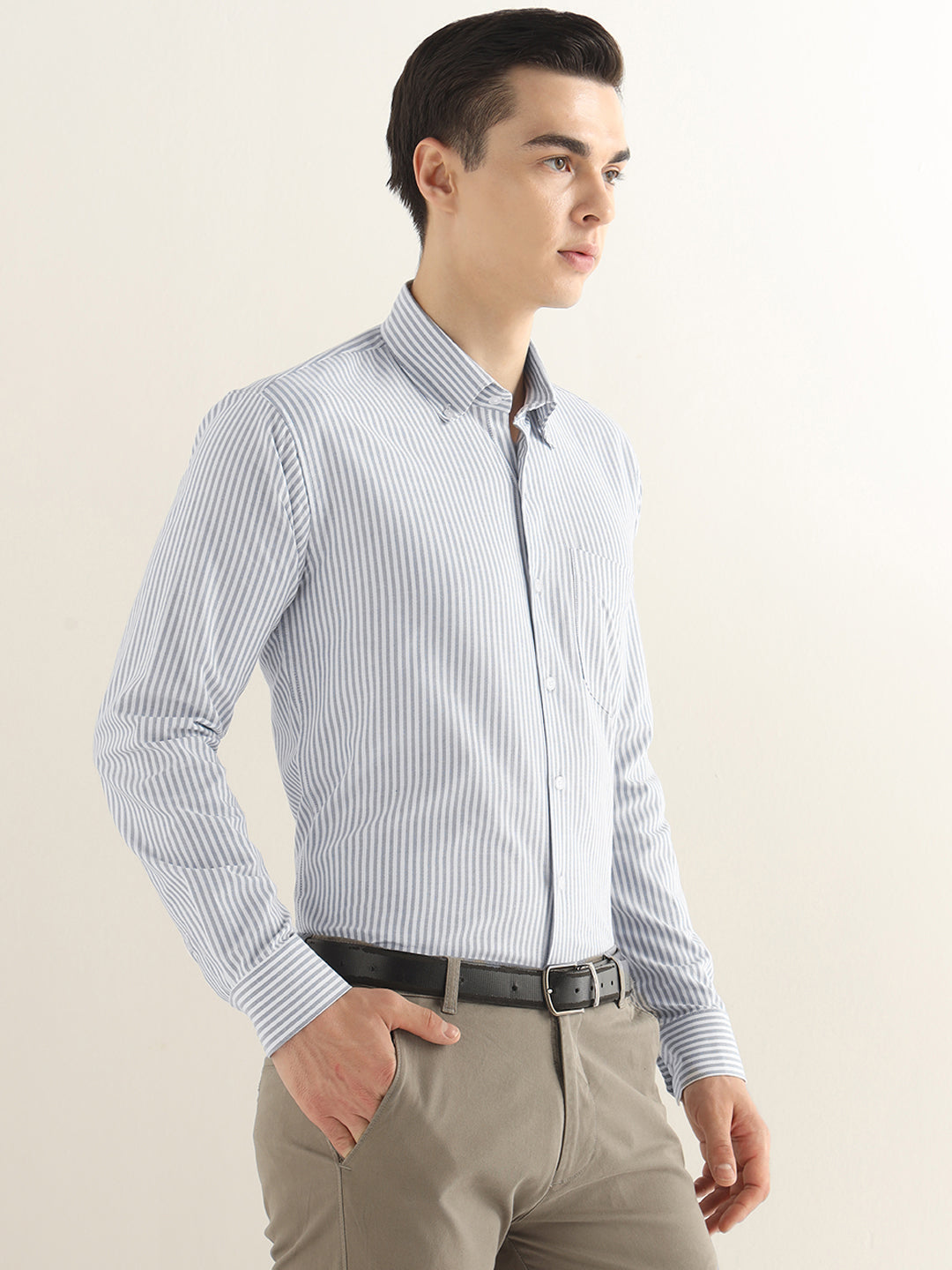 Hancock Men White & Grey Striped Pure Cotton Slim Fit Formal Shirt