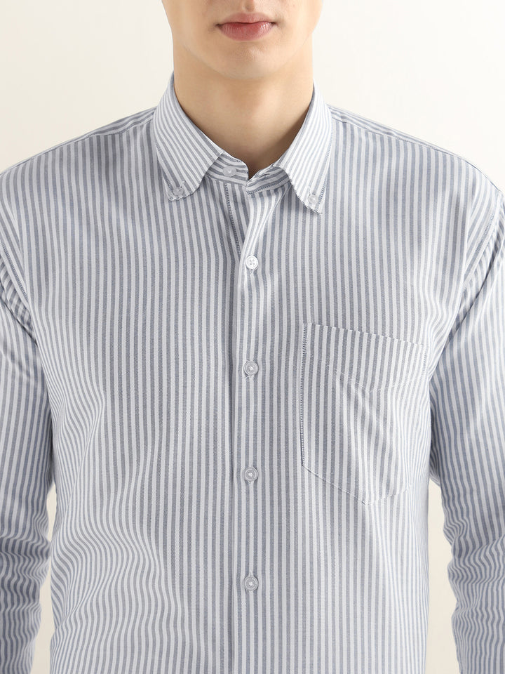 Hancock Men White & Grey Striped Pure Cotton Slim Fit Formal Shirt