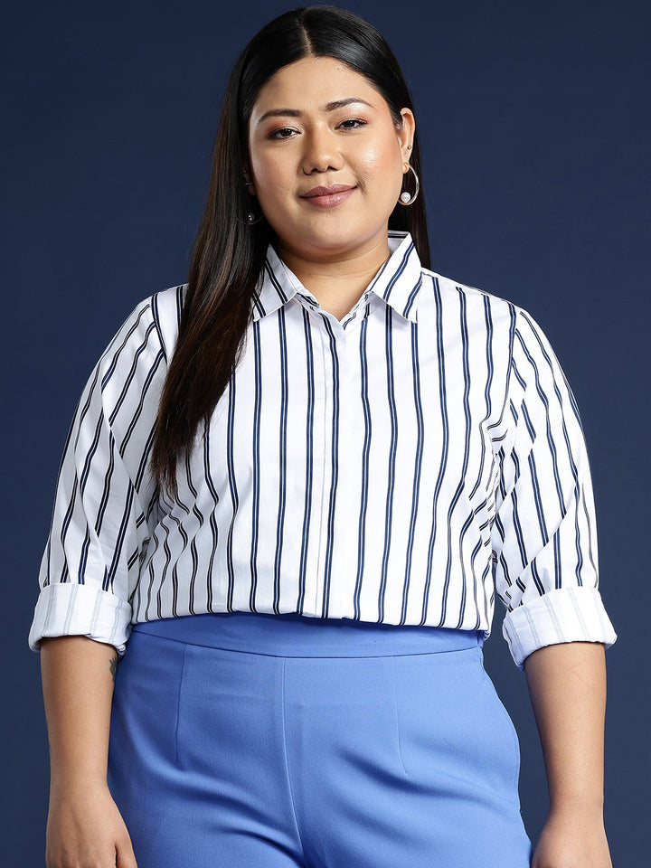Women White & Navy Blue Nautical Stripes Pure Cotton Plus Size Formal Shirt