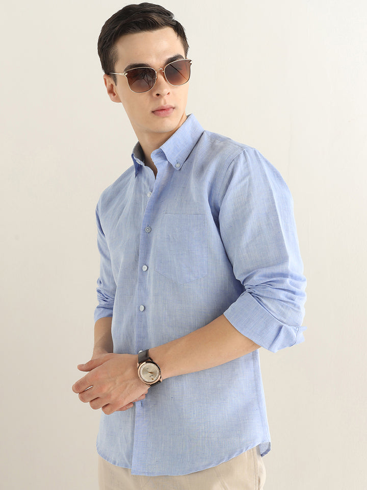 Hancock Men Blue Solid Linen Cotton Slim Fit Formal Shirt