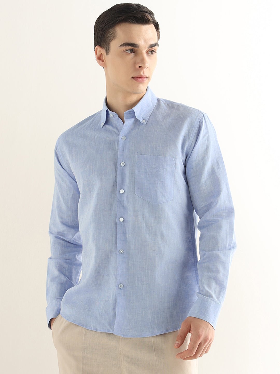 Hancock Men Blue Solid Linen Cotton Slim Fit Formal Shirt