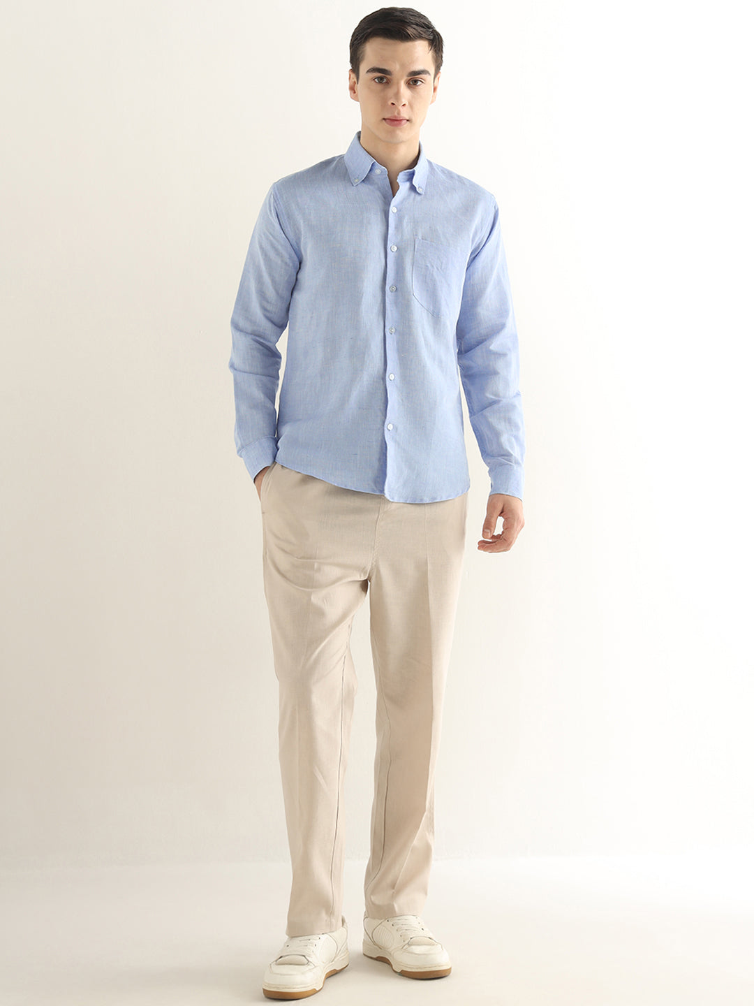 Hancock Men Blue Solid Linen Cotton Slim Fit Formal Shirt