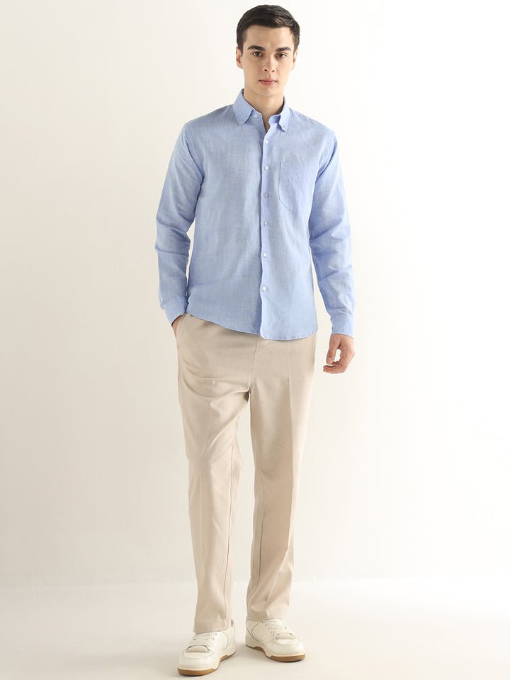 Hancock Men Blue Solid Linen Cotton Slim Fit Formal Shirt