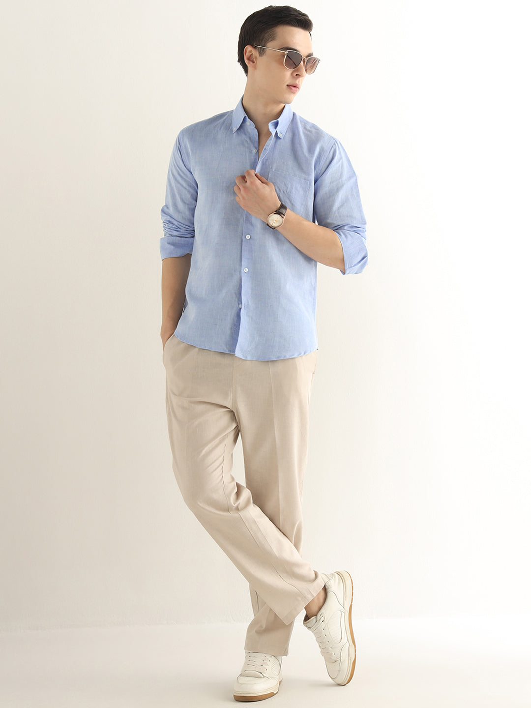 Hancock Men Blue Solid Linen Cotton Slim Fit Formal Shirt
