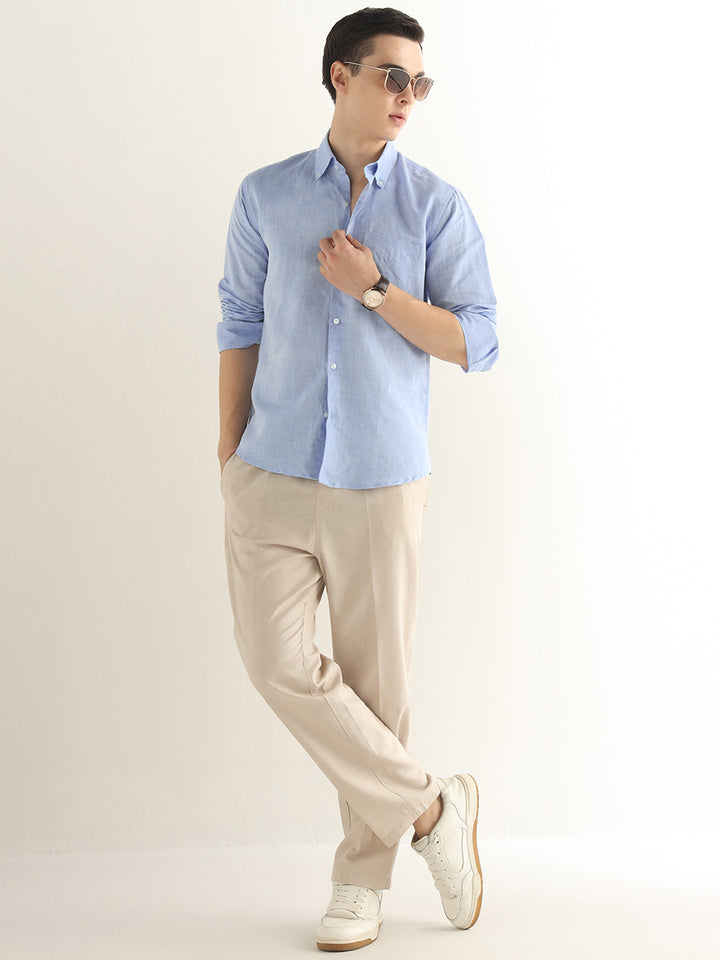 Hancock Men Blue Solid Linen Cotton Slim Fit Formal Shirt