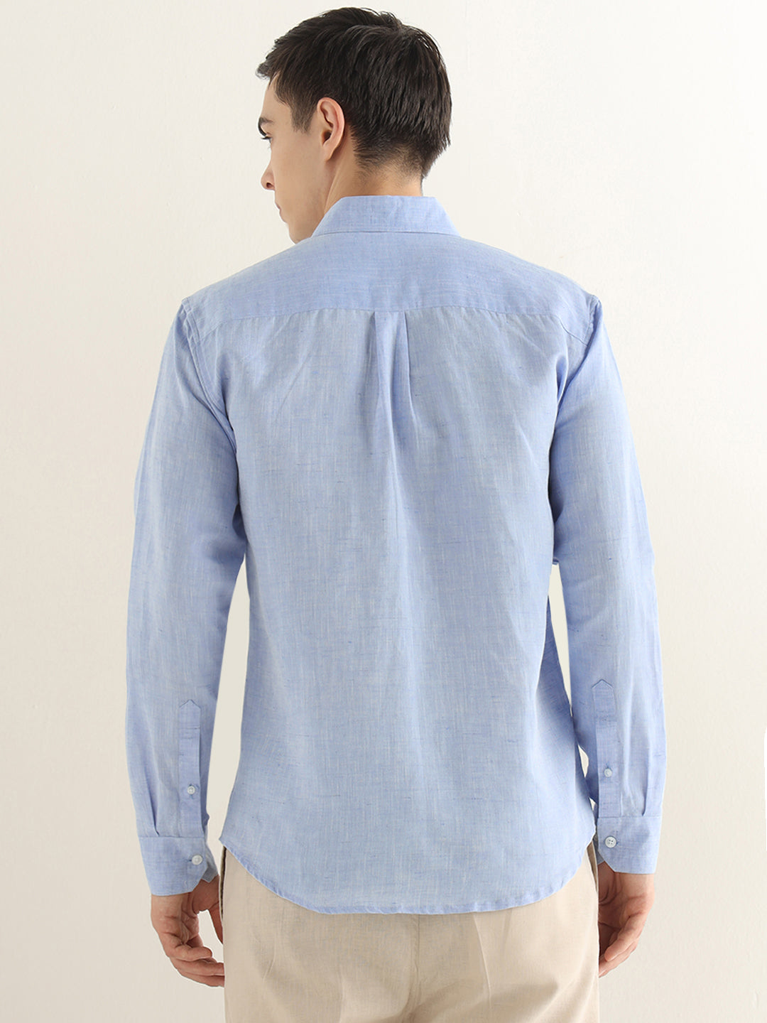 Hancock Men Blue Solid Linen Cotton Slim Fit Formal Shirt