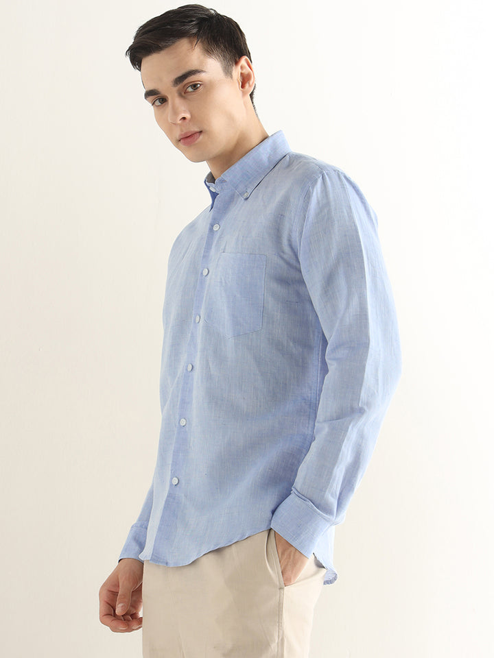 Hancock Men Blue Solid Linen Cotton Slim Fit Formal Shirt