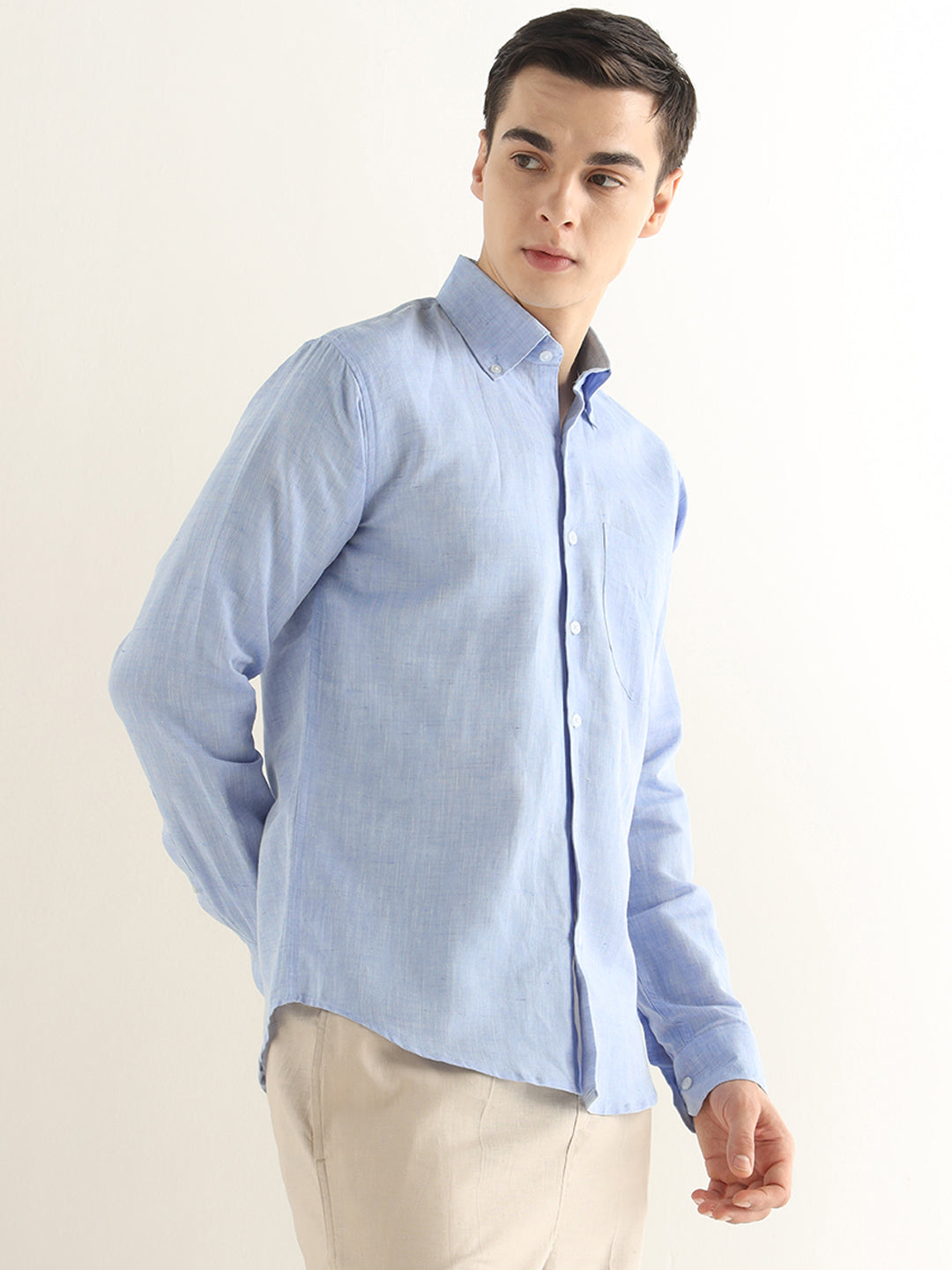 Hancock Men Blue Solid Linen Cotton Slim Fit Formal Shirt