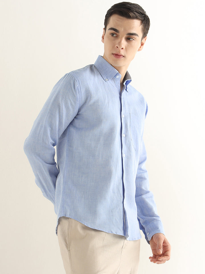 Hancock Men Blue Solid Linen Cotton Slim Fit Formal Shirt
