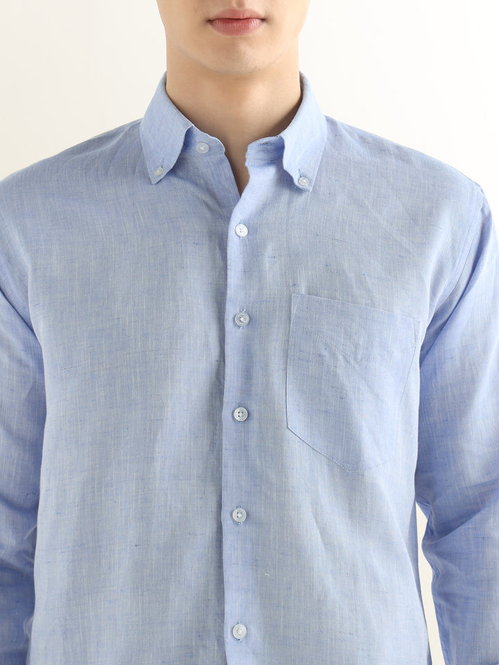 Hancock Men Blue Solid Linen Cotton Slim Fit Formal Shirt