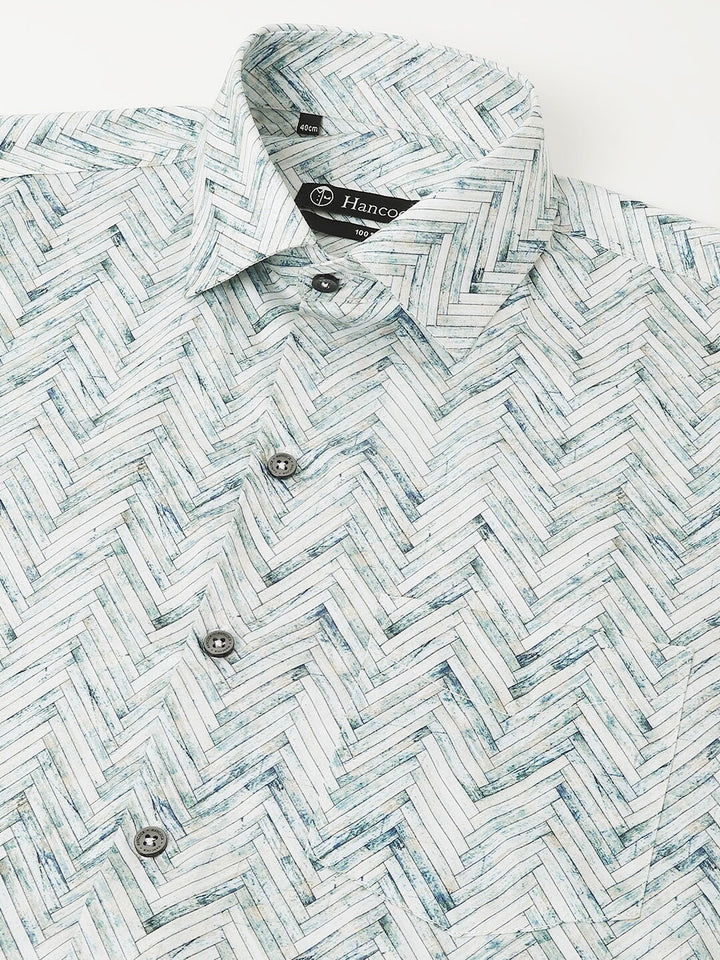 Men White & Blue Cotton Satin Herringbone Printed Slim Fit Party  Shirt