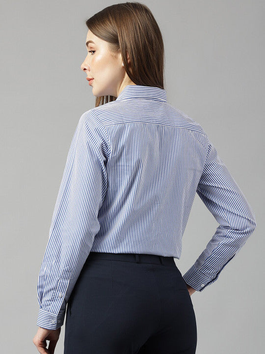 Women White&Blue Stripes Pure Cotton Slim Fit Formal Shirt