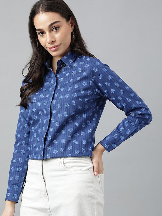 Women Blue Prints Pure Cotton Regular Fit Formal Shirt