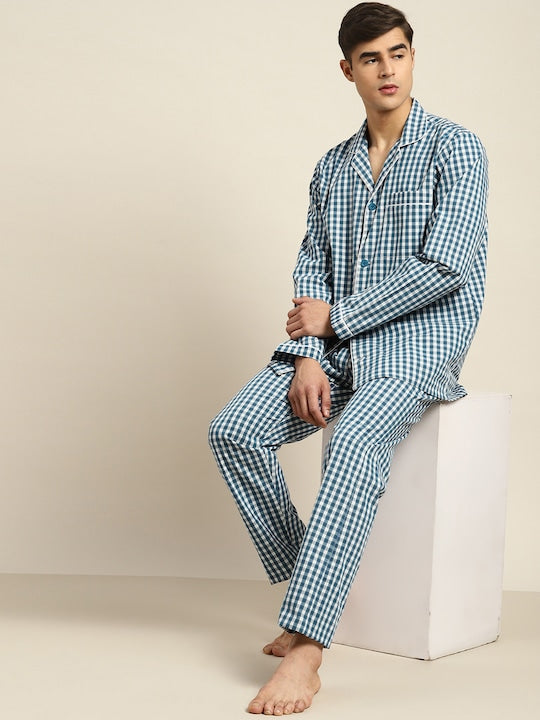 Men Navy & White Checks Pure Cotton Relaxed Fit Casual Night Suit