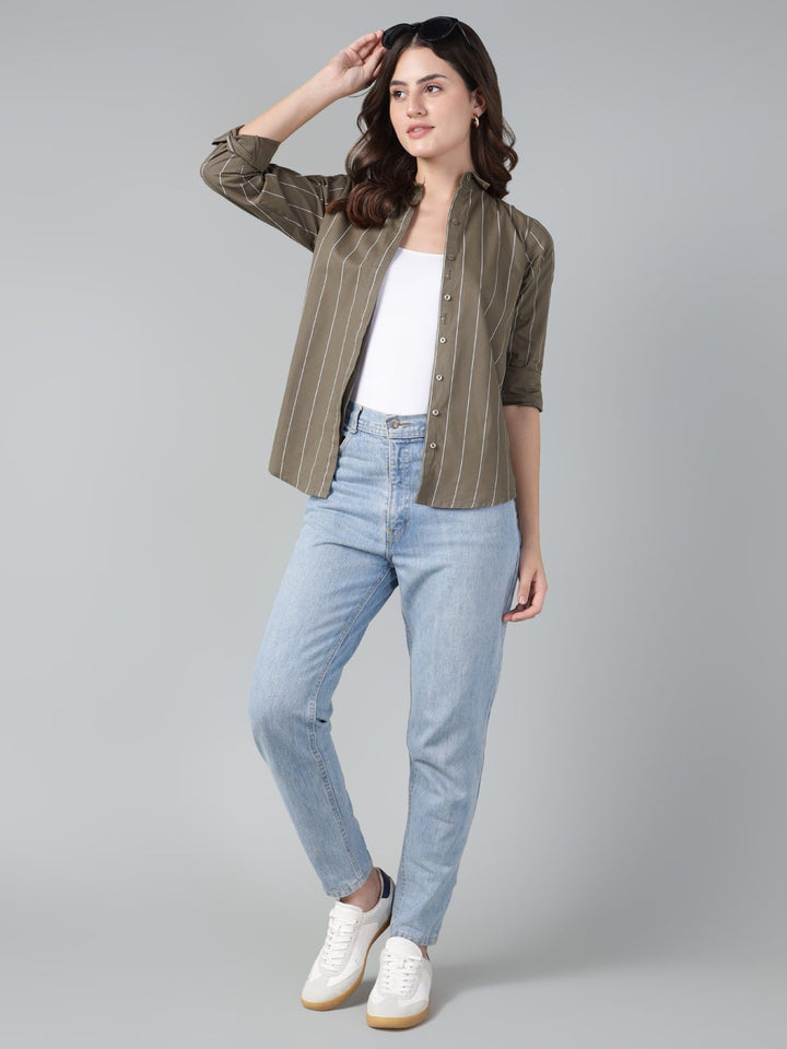 Hancock Women Olive Stripe Pure Cotton Slim Fit Casual Shirt