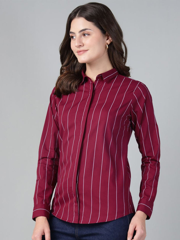 Hancock Women Maroon Stripe Pure Cotton Slim Fit Casual Shirt