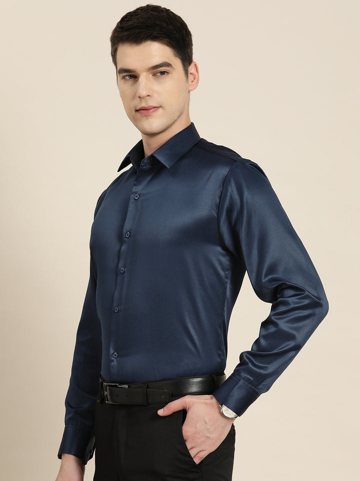 Men Navy Solid Satin Tuxedo Slim fit Party Shirt