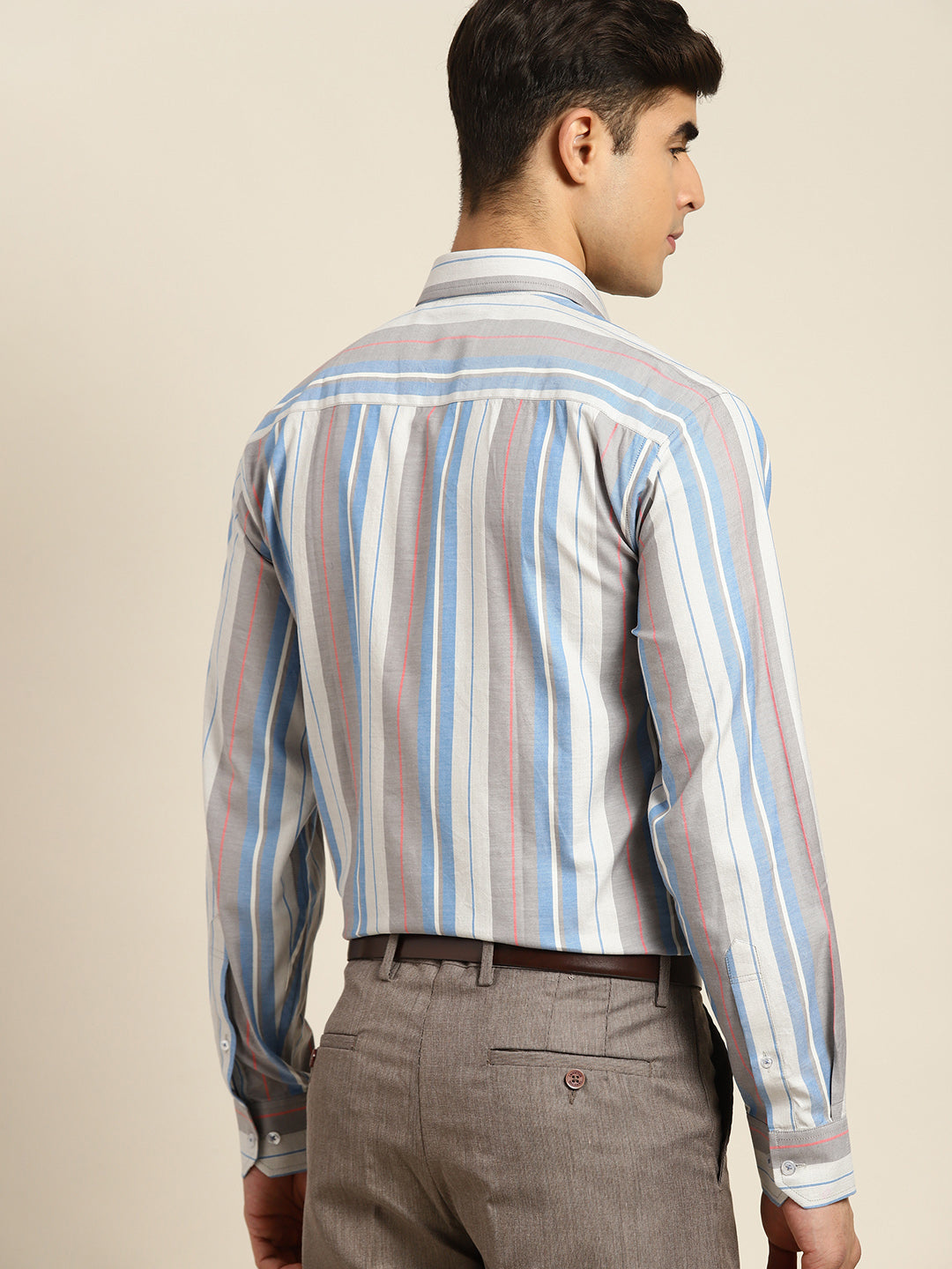 Men Grey & Blue Stripes Pure Cotton Regular Fit Formal Shirt