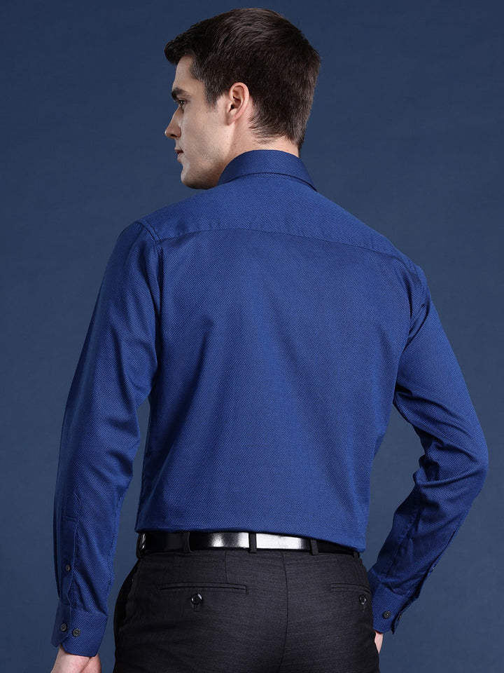 Men Navy Blue Solid Pure Cotton Slim Fit Formal Shirt