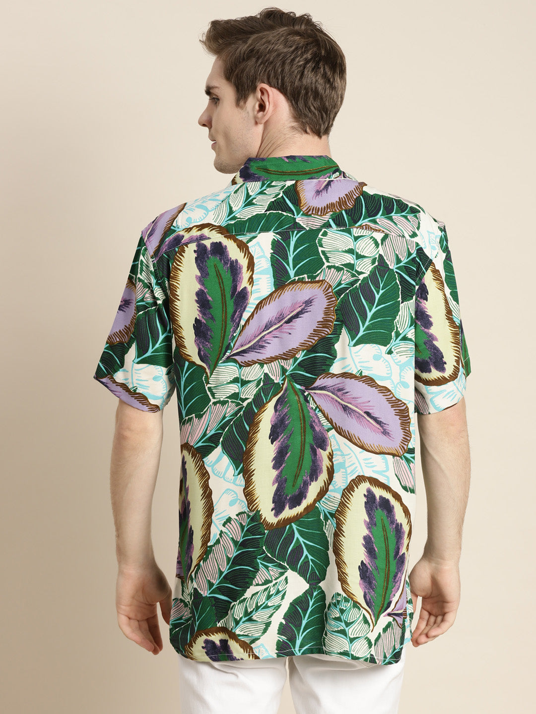 Men Green & Purple Print Viscose Rayon Relaxed Fit Casual Resort Shirt