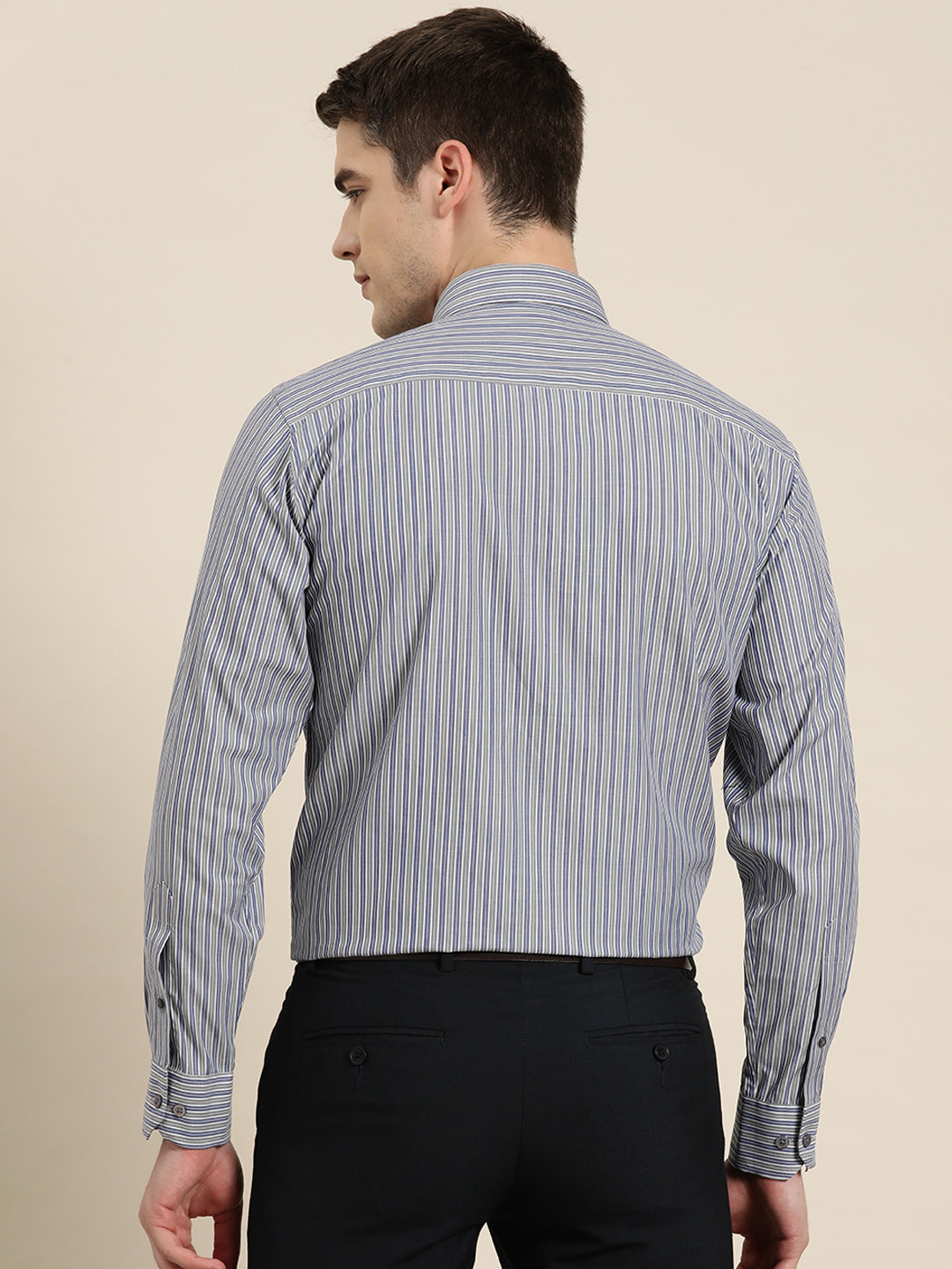 Men Grey & Blue Stripes Pure Cotton Slim fit Formal Shirt