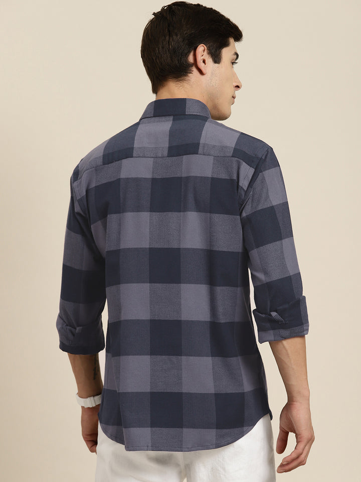 Men Grey & Navy Checks Pure Cotton Slim fit Casual Shirt