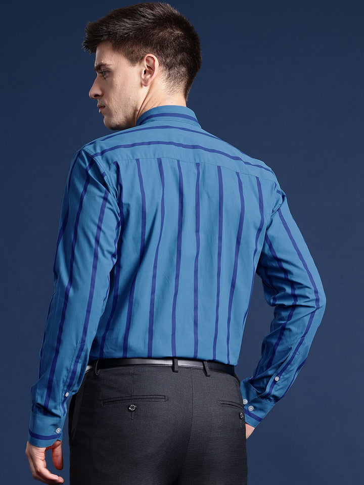 Men Blue Striped Pure Cotton Slim Fit Formal Shirt