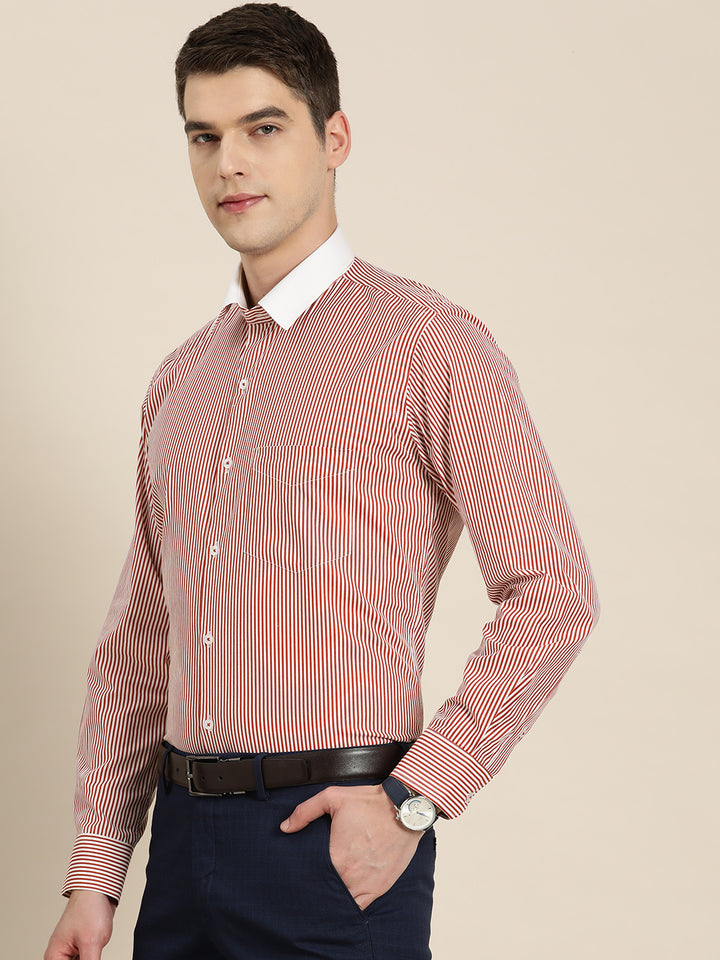 Men White & Red Stripes Pure Cotton Slim fit Formal Shirt