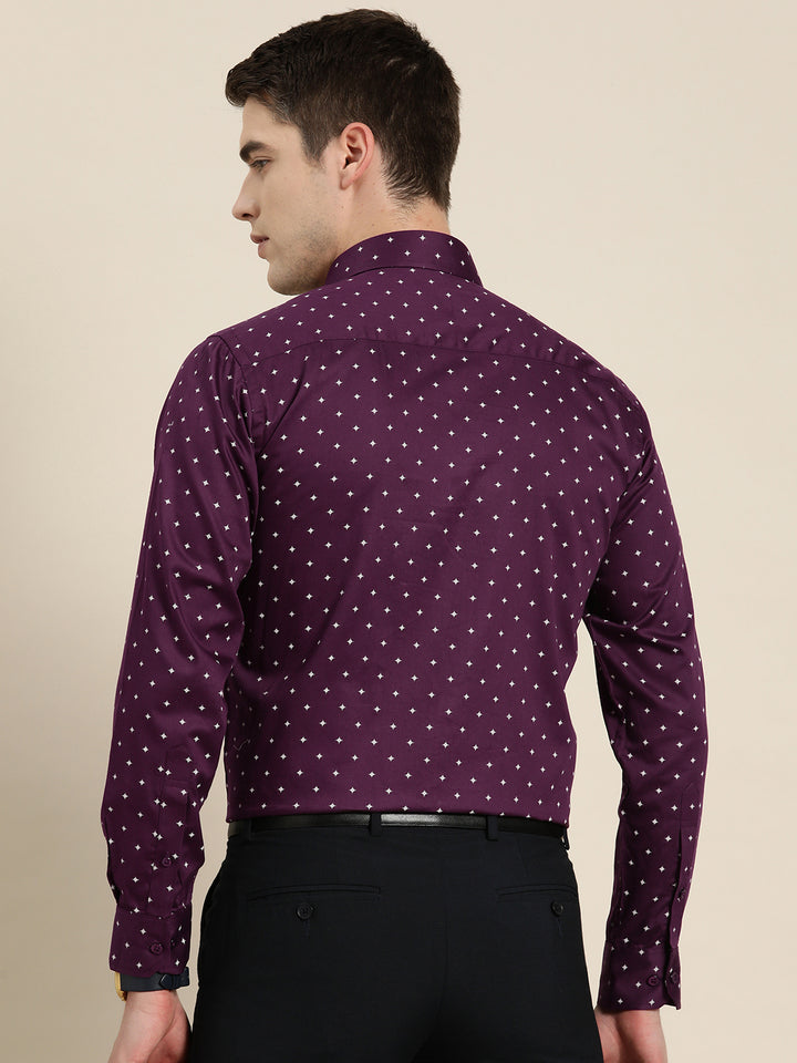 Men Burgundy Print Pure Cotton Slim fit Party Shirt