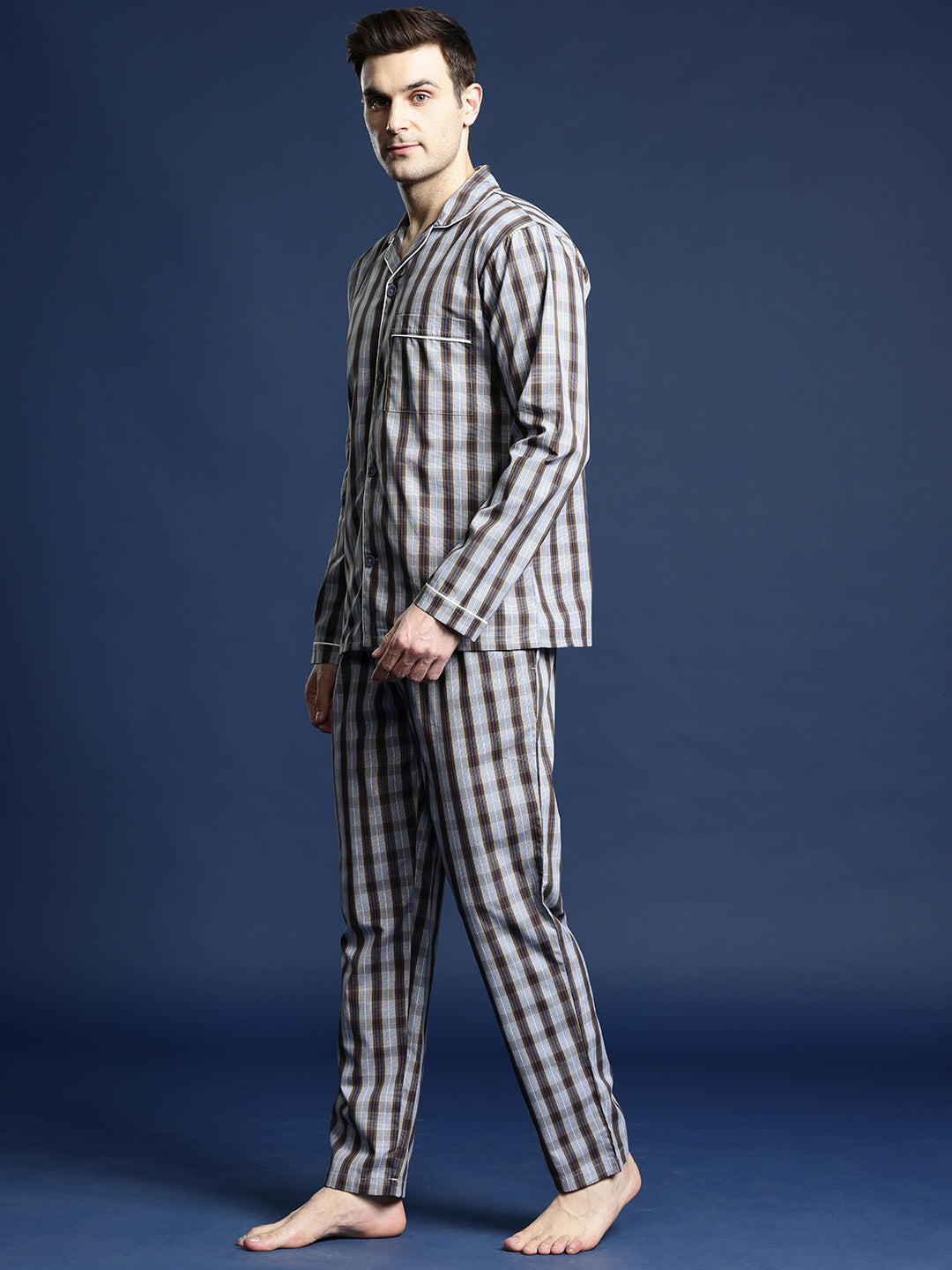 Men Grey & Brown Checked Pure Cotton Relaxed Fit Night Suit
