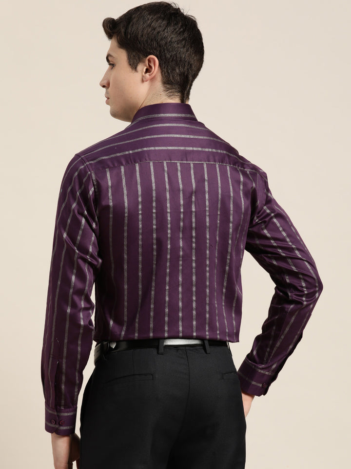 Men Burgundy Stripes Pure Cotton Slim fit Party Shirt