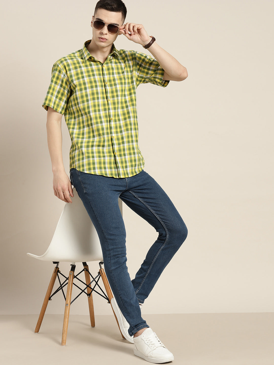 Men Yellow & Green Checks Pure Cotton Slim fit Casual Shirt