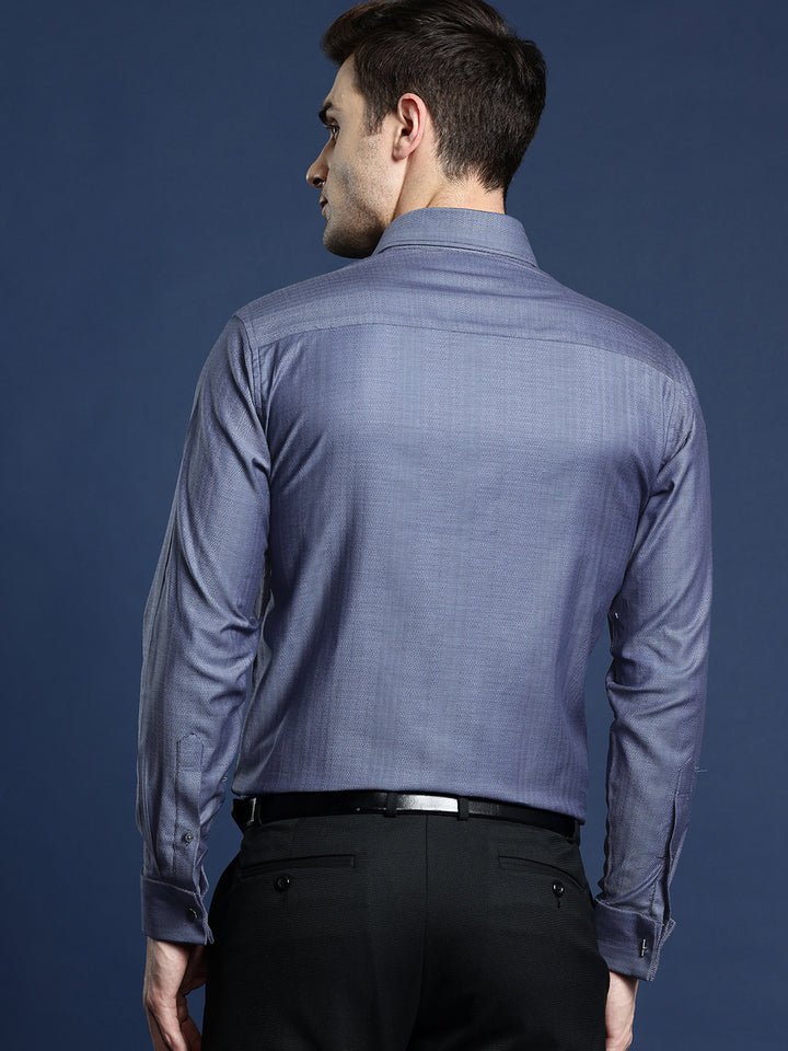 Men Navy Blue Chevron Self Design Pure Cotton Slim Fit Formal Shirt