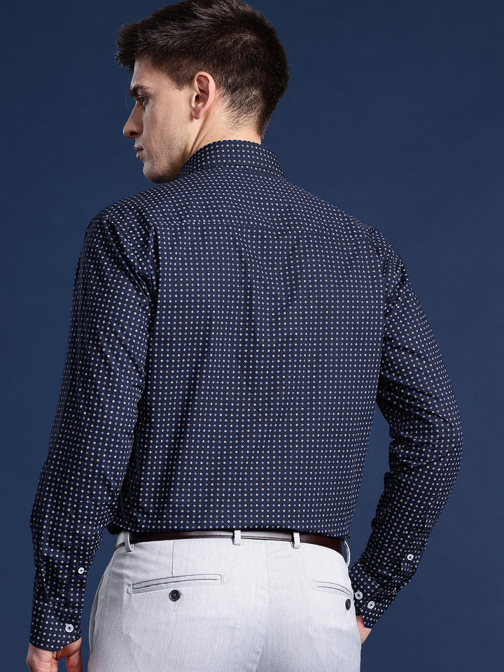 Men Navy Printed Pure Cotton Slim Fit Formal Shirt