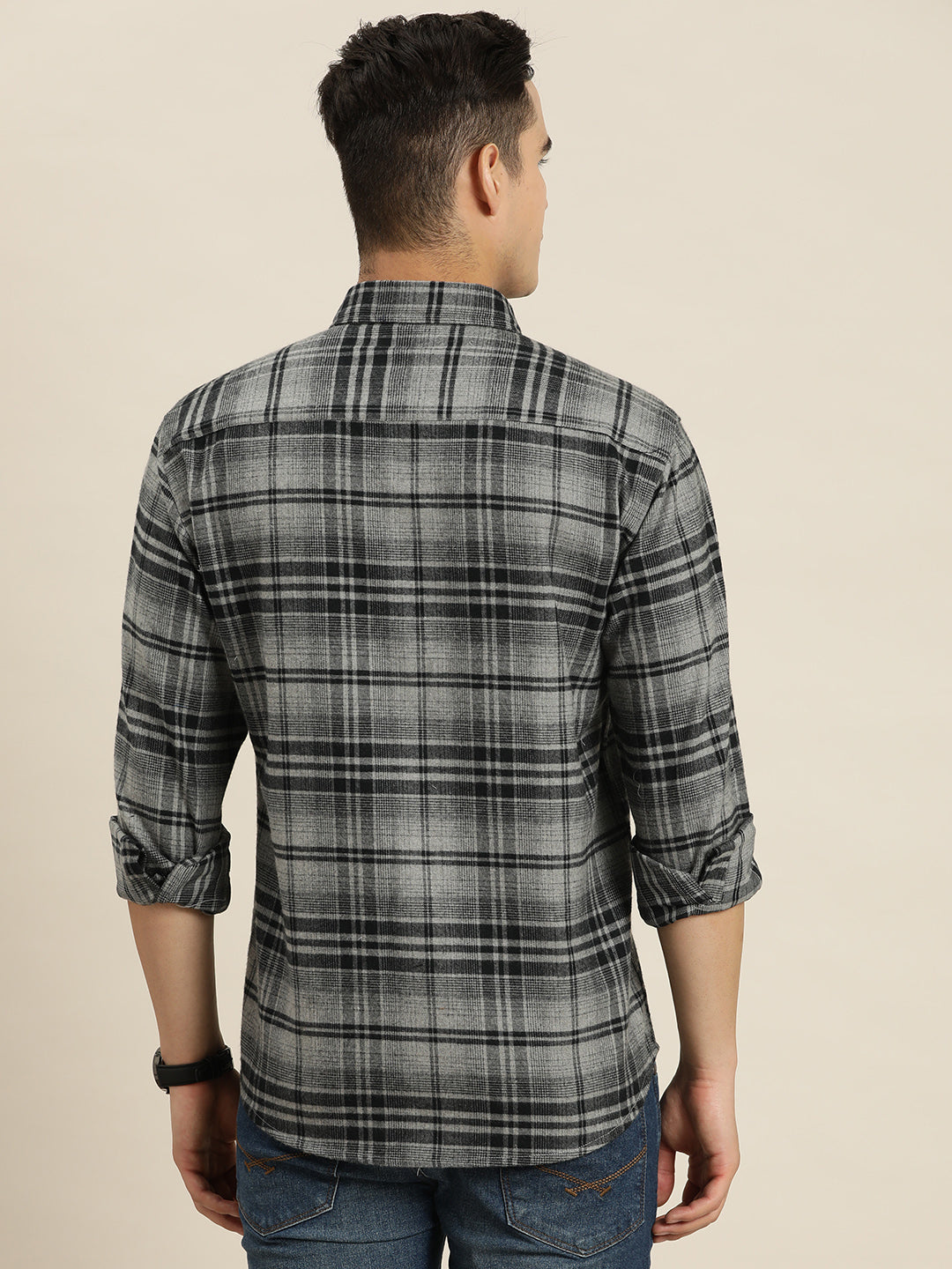 Men Grey & Black Checks Pure Cotton Slim fit Casual Shirt