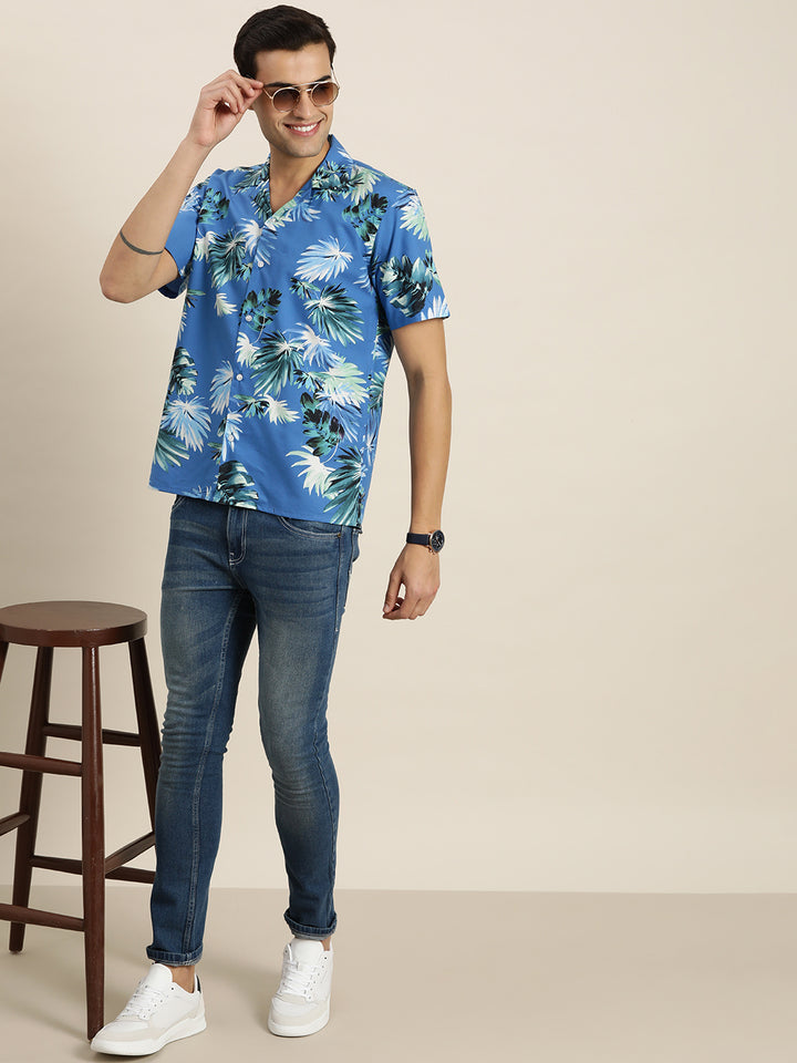 Men Blue & Multi Print Pure Cotton Relaxed Fit Casual Resort Shirt