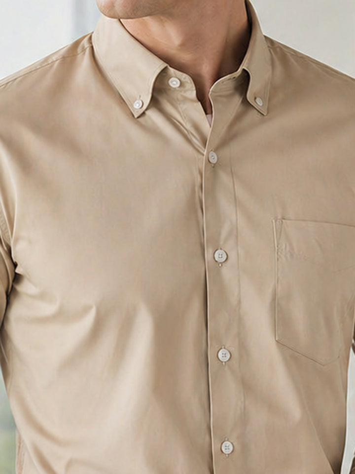 Hancock   Men   Beige   Solids   Pure Cotton   Slim Fit   Formal   Shirt