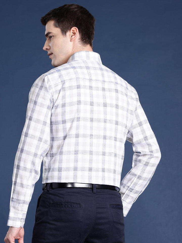 Men White & Grey Checked Pure Linen Cotton Slim Fit Formal Shirt