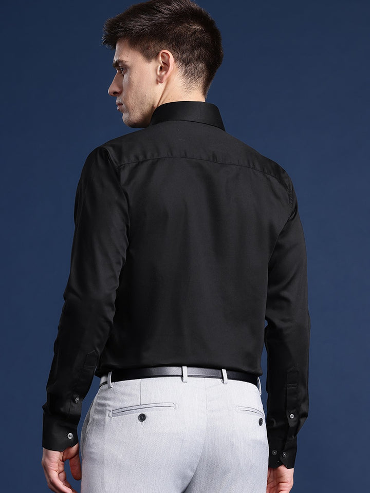 Men Black Solid Cotton Elastane Blend Slim Fit Formal Shirt