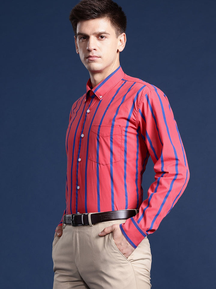 Men Coral Striped Pure Cotton Slim Fit Formal Shirt