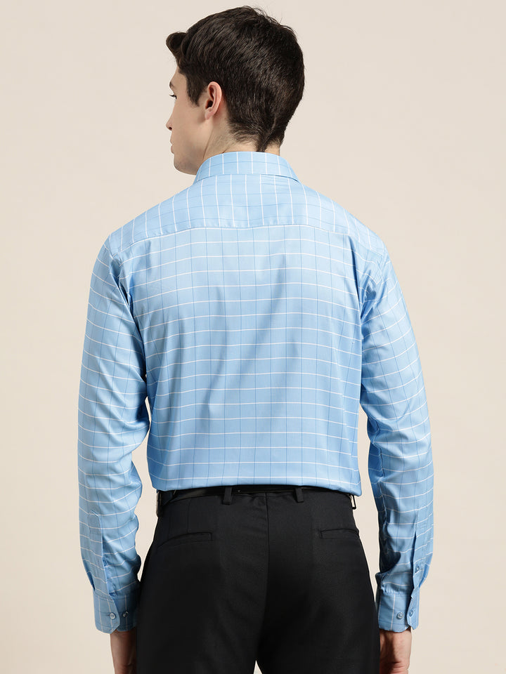 Men Sky Blue Checks Pure Cotton Slim fit Formal Shirt