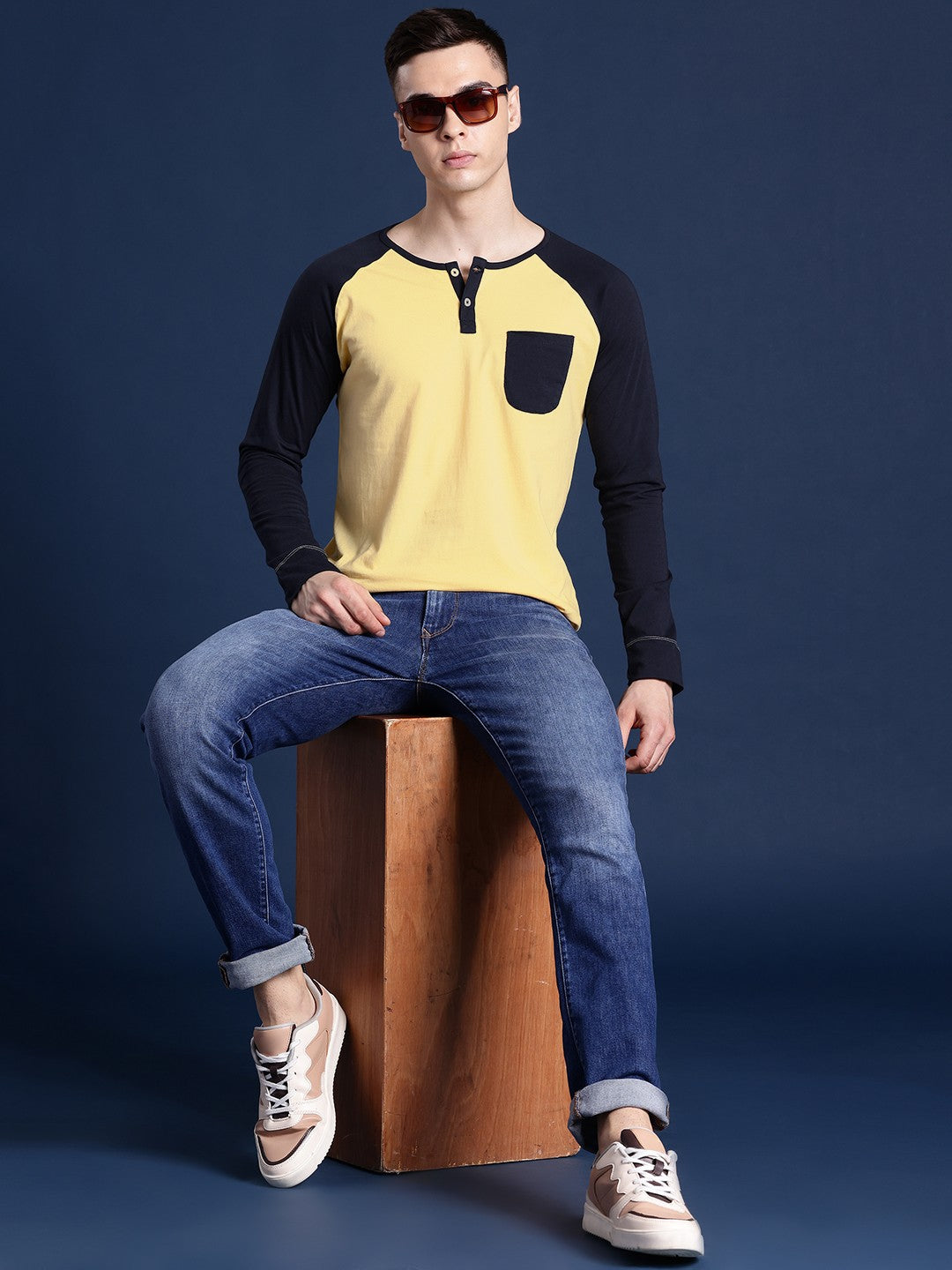Men Yellow Solid Pure Cotton Slim Fit Henley T-Shirt
