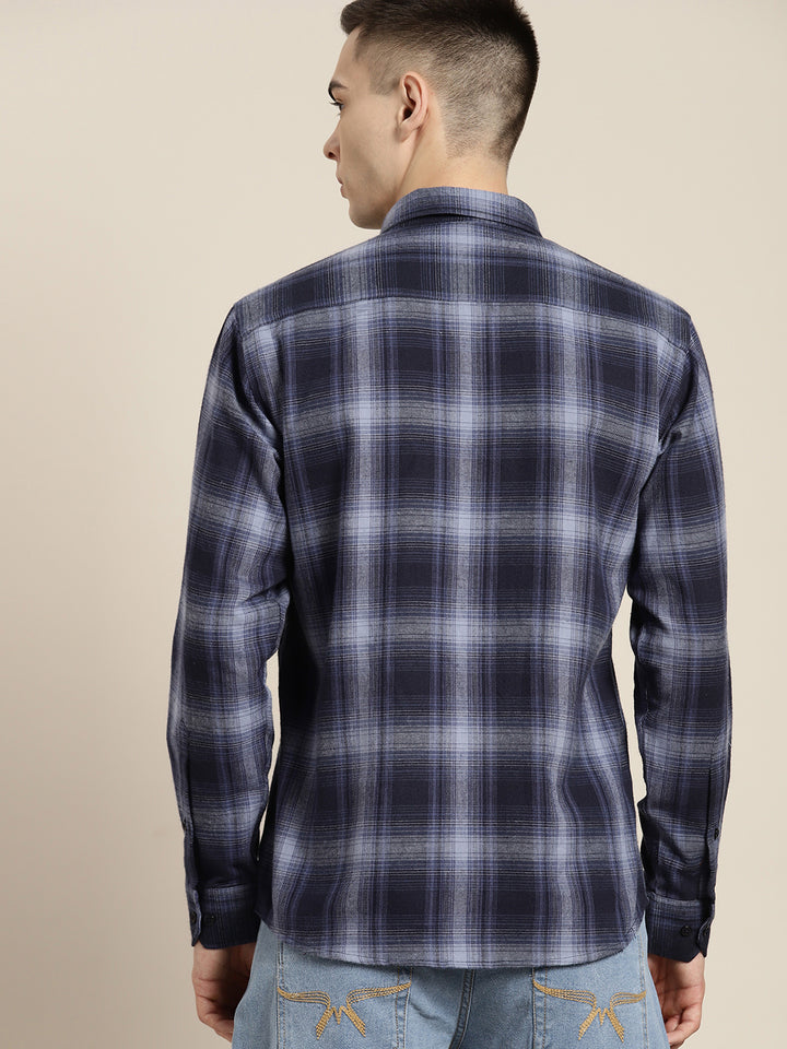 Men Navy & Blue Checks Pure Cotton Slim fit Casual Shirt